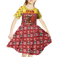 Spain Christmas Kid Short Sleeve Dress with Santa Bull Brick Chimney Wreath and Festive Holiday - Wonder Print Shop