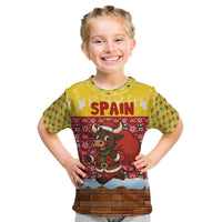 Spain Christmas Kid T Shirt with Santa Bull Brick Chimney Wreath and Festive Holiday - Wonder Print Shop
