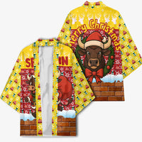 Spain Christmas Kimono with Santa Bull Brick Chimney Wreath and Festive Holiday - Wonder Print Shop