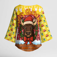 Spain Christmas Kimono Sleeve Blouse with Santa Bull Brick Chimney Wreath and Festive Holiday - Wonder Print Shop