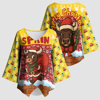Spain Christmas Kimono Sleeve Blouse with Santa Bull Brick Chimney Wreath and Festive Holiday - Wonder Print Shop