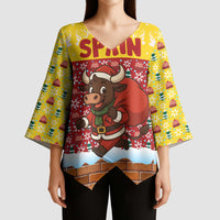 Spain Christmas Kimono Sleeve Blouse with Santa Bull Brick Chimney Wreath and Festive Holiday - Wonder Print Shop