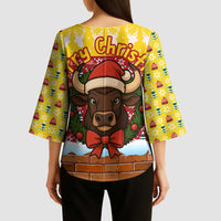 Spain Christmas Kimono Sleeve Blouse with Santa Bull Brick Chimney Wreath and Festive Holiday - Wonder Print Shop