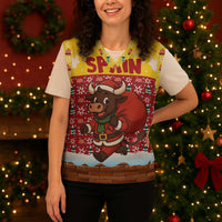 Spain Christmas Knitted V-Neck Vest with Santa Bull Brick Chimney Wreath and Festive Holiday - Wonder Print Shop