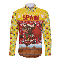 Spain Christmas Long Sleeve Button Shirt with Santa Bull Brick Chimney Wreath and Festive Holiday - Wonder Print Shop