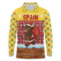 Spain Christmas Long Sleeve Polo Shirt with Santa Bull Brick Chimney Wreath and Festive Holiday - Wonder Print Shop