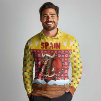 Spain Christmas Long Sleeve Polo Shirt with Santa Bull Brick Chimney Wreath and Festive Holiday - Wonder Print Shop