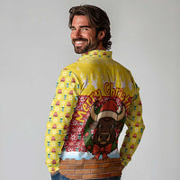 Spain Christmas Long Sleeve Polo Shirt with Santa Bull Brick Chimney Wreath and Festive Holiday - Wonder Print Shop