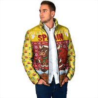 Spain Christmas Padded Jacket with Santa Bull Brick Chimney Wreath and Festive Holiday - Wonder Print Shop