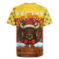 Spain Christmas Rugby Jersey with Santa Bull Brick Chimney Wreath and Festive Holiday - Wonder Print Shop