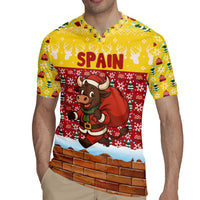 Spain Christmas Rugby Jersey with Santa Bull Brick Chimney Wreath and Festive Holiday - Wonder Print Shop