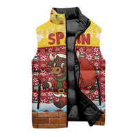 Spain Christmas Sleeveless Puffer Jacket with Santa Bull Brick Chimney Wreath and Festive Holiday - Wonder Print Shop