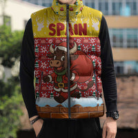 Spain Christmas Sleeveless Puffer Jacket with Santa Bull Brick Chimney Wreath and Festive Holiday - Wonder Print Shop