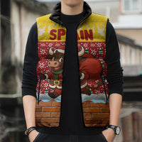 Spain Christmas Sleeveless Puffer Jacket with Santa Bull Brick Chimney Wreath and Festive Holiday - Wonder Print Shop