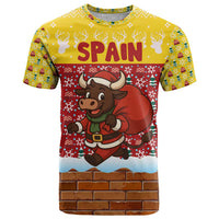 Spain Christmas T Shirt with Santa Bull Brick Chimney Wreath and Festive Holiday - Wonder Print Shop