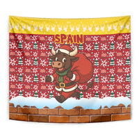 Spain Christmas Tapestry with Santa Bull Brick Chimney Wreath and Festive Holiday - Wonder Print Shop