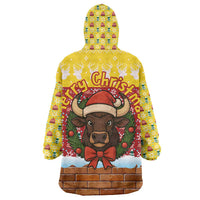 Spain Christmas Wearable Blanket Hoodie with Santa Bull Brick Chimney Wreath and Festive Holiday - Wonder Print Shop