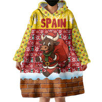 Spain Christmas Wearable Blanket Hoodie with Santa Bull Brick Chimney Wreath and Festive Holiday - Wonder Print Shop