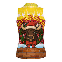 Spain Christmas Women Sleeveless Polo Shirt with Santa Bull Brick Chimney Wreath and Festive Holiday - Wonder Print Shop