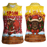 Spain Christmas Women Sleeveless Polo Shirt with Santa Bull Brick Chimney Wreath and Festive Holiday - Wonder Print Shop