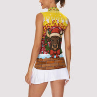 Spain Christmas Women Sleeveless Polo Shirt with Santa Bull Brick Chimney Wreath and Festive Holiday - Wonder Print Shop