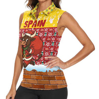 Spain Christmas Women Sleeveless Polo Shirt with Santa Bull Brick Chimney Wreath and Festive Holiday - Wonder Print Shop