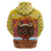 Spain Christmas Zip Hoodie with Santa Bull Brick Chimney Wreath and Festive Holiday - Wonder Print Shop