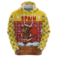 Spain Christmas Zip Hoodie with Santa Bull Brick Chimney Wreath and Festive Holiday - Wonder Print Shop