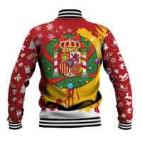 Spain Christmas Baseball Jacket with Tio de Nadal Log Snowflakes Spanish Flag and Holiday Wreath - Wonder Print Shop