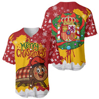 Spain Christmas Baseball Jersey with Tio de Nadal Log Snowflakes Spanish Flag and Holiday Wreath - Wonder Print Shop