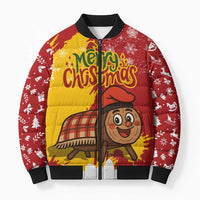 Spain Christmas Bomber Puffer Jacket with Tio de Nadal Log Snowflakes Spanish Flag and Holiday Wreath - Wonder Print Shop