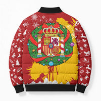 Spain Christmas Bomber Puffer Jacket with Tio de Nadal Log Snowflakes Spanish Flag and Holiday Wreath - Wonder Print Shop