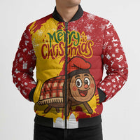Spain Christmas Bomber Puffer Jacket with Tio de Nadal Log Snowflakes Spanish Flag and Holiday Wreath - Wonder Print Shop
