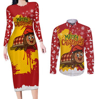 Spain Christmas Couples Matching Long Sleeve Bodycon Dress and Long Sleeve Button Shirt with Tio de Nadal Log Snowflakes Spanish Flag and Holiday Wreath - Wonder Print Shop