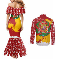 Spain Christmas Couples Matching Mermaid Dress and Long Sleeve Button Shirt with Tio de Nadal Log Snowflakes Spanish Flag and Holiday Wreath - Wonder Print Shop