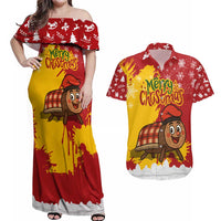 Spain Christmas Couples Matching Off Shoulder Maxi Dress and Hawaiian Shirt with Tio de Nadal Log Snowflakes Spanish Flag and Holiday Wreath - Wonder Print Shop