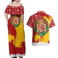 Spain Christmas Couples Matching Off Shoulder Maxi Dress and Hawaiian Shirt with Tio de Nadal Log Snowflakes Spanish Flag and Holiday Wreath - Wonder Print Shop
