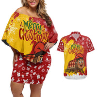 Spain Christmas Couples Matching Off Shoulder Short Dress and Hawaiian Shirt with Tio de Nadal Log Snowflakes Spanish Flag and Holiday Wreath - Wonder Print Shop