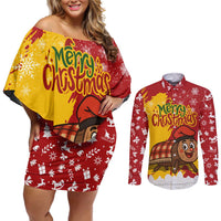 Spain Christmas Couples Matching Off Shoulder Short Dress and Long Sleeve Button Shirt with Tio de Nadal Log Snowflakes Spanish Flag and Holiday Wreath - Wonder Print Shop