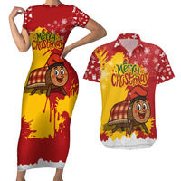 Spain Christmas Couples Matching Short Sleeve Bodycon Dress and Hawaiian Shirt with Tio de Nadal Log Snowflakes Spanish Flag and Holiday Wreath - Wonder Print Shop