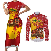 Spain Christmas Couples Matching Short Sleeve Bodycon Dress and Long Sleeve Button Shirt with Tio de Nadal Log Snowflakes Spanish Flag and Holiday Wreath - Wonder Print Shop