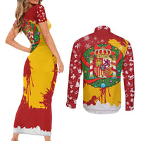 Spain Christmas Couples Matching Short Sleeve Bodycon Dress and Long Sleeve Button Shirt with Tio de Nadal Log Snowflakes Spanish Flag and Holiday Wreath - Wonder Print Shop
