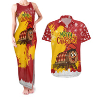 Spain Christmas Couples Matching Tank Maxi Dress and Hawaiian Shirt with Tio de Nadal Log Snowflakes Spanish Flag and Holiday Wreath - Wonder Print Shop
