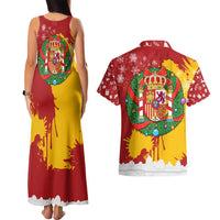 Spain Christmas Couples Matching Tank Maxi Dress and Hawaiian Shirt with Tio de Nadal Log Snowflakes Spanish Flag and Holiday Wreath - Wonder Print Shop