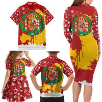 Spain Christmas Family Matching Long Sleeve Bodycon Dress and Hawaiian Shirt with Tio de Nadal Log Snowflakes Spanish Flag and Holiday Wreath - Wonder Print Shop