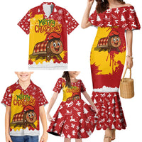 Spain Christmas Family Matching Mermaid Dress and Hawaiian Shirt with Tio de Nadal Log Snowflakes Spanish Flag and Holiday Wreath - Wonder Print Shop