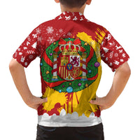 Spain Christmas Family Matching Off The Shoulder Long Sleeve Dress and Hawaiian Shirt with Tio de Nadal Log Snowflakes Spanish Flag and Holiday Wreath - Wonder Print Shop