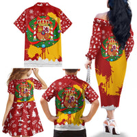 Spain Christmas Family Matching Off The Shoulder Long Sleeve Dress and Hawaiian Shirt with Tio de Nadal Log Snowflakes Spanish Flag and Holiday Wreath - Wonder Print Shop