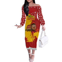 Spain Christmas Family Matching Off The Shoulder Long Sleeve Dress and Hawaiian Shirt with Tio de Nadal Log Snowflakes Spanish Flag and Holiday Wreath - Wonder Print Shop