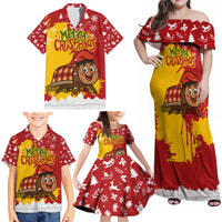 Spain Christmas Family Matching Off Shoulder Maxi Dress and Hawaiian Shirt with Tio de Nadal Log Snowflakes Spanish Flag and Holiday Wreath - Wonder Print Shop